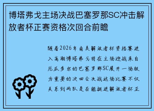 博塔弗戈主场决战巴塞罗那SC冲击解放者杯正赛资格次回合前瞻