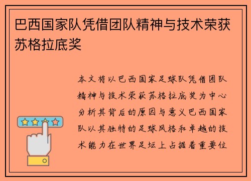 巴西国家队凭借团队精神与技术荣获苏格拉底奖 巴西国家队凭借团队精神与技术荣获苏格拉底奖